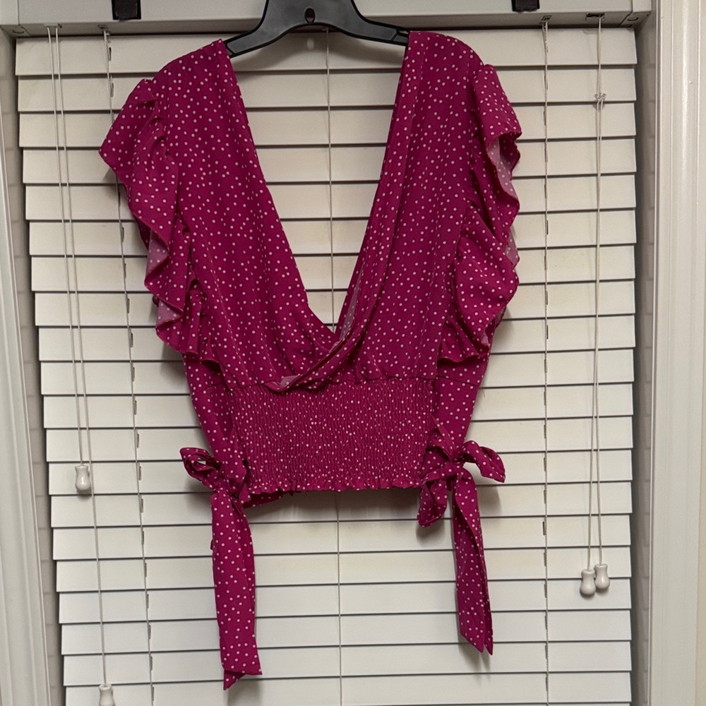 SHEIN Fuchsia Polka Dot Ruffle Blouse
